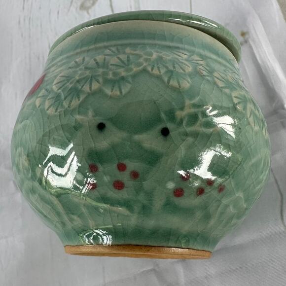 Vintage Celadon Porcelain 3 Piece Tea Infuser Strainer Cup Set Deer Floral - Picture 10 of 13